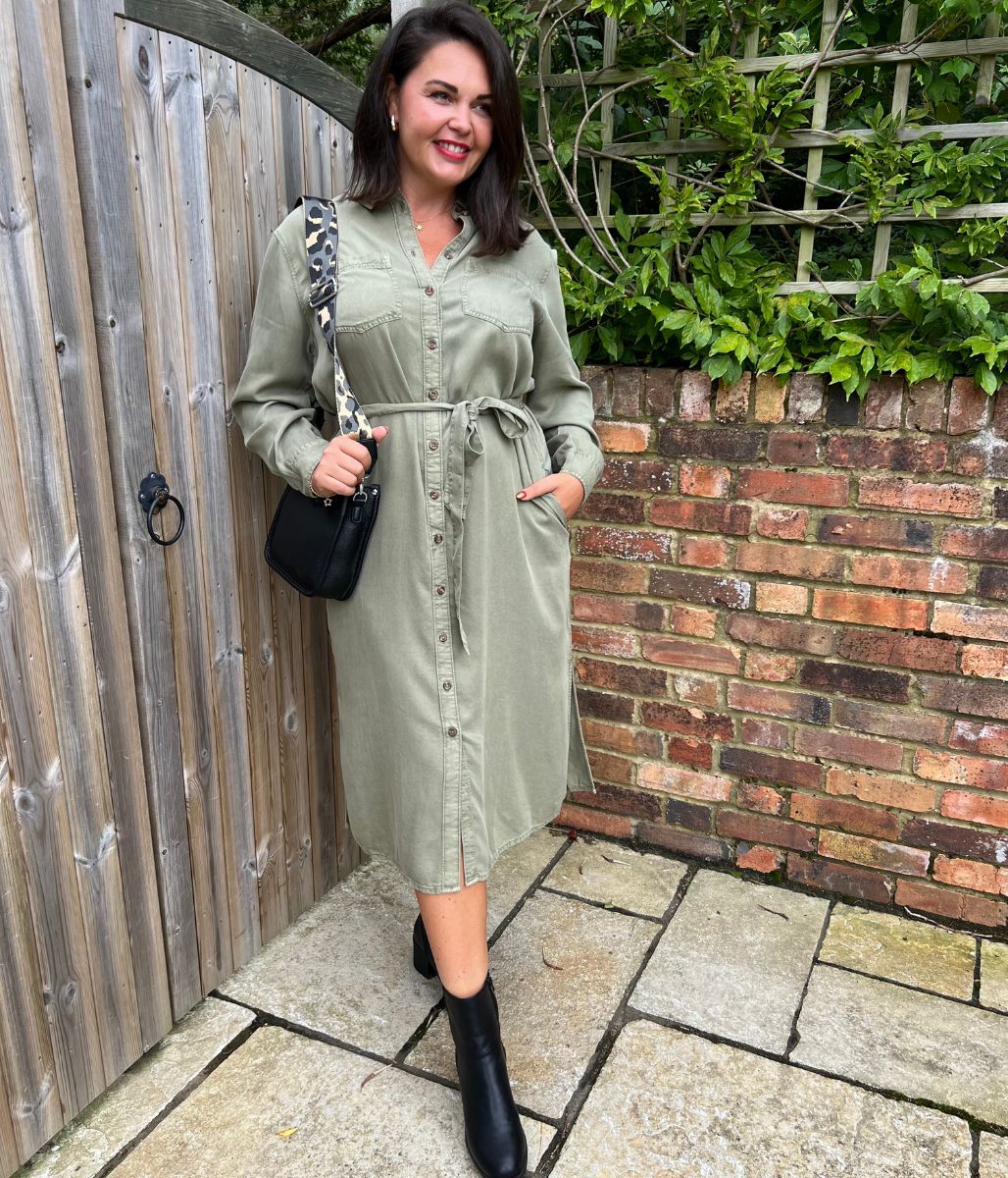 Khaki Tencel Belted Midi Shirt Dress