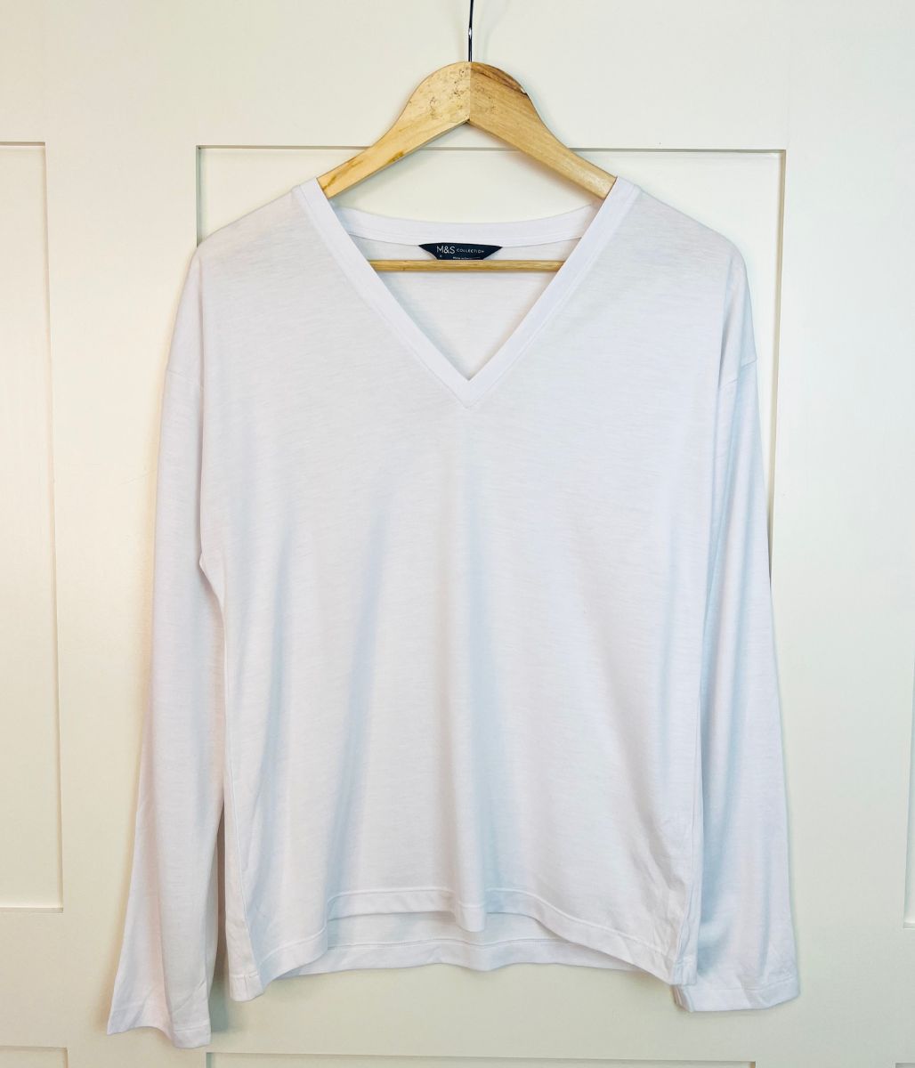 White V Neck Long Sleeve T Shirt