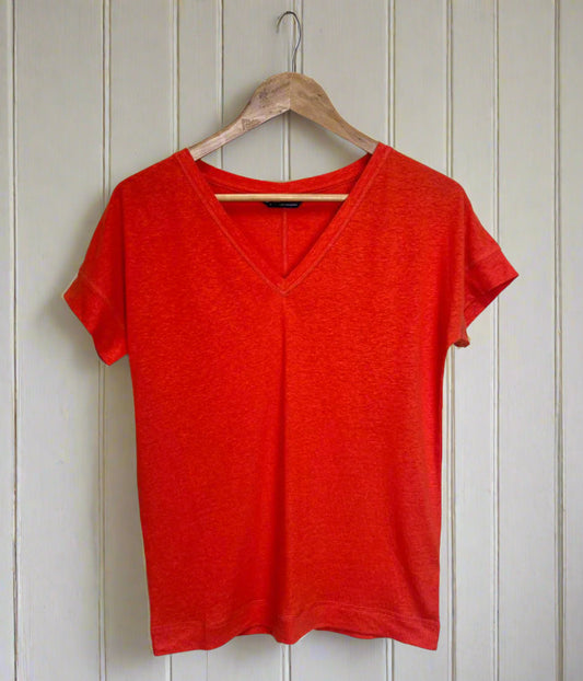 Orange Linen Blend V Neck Tee