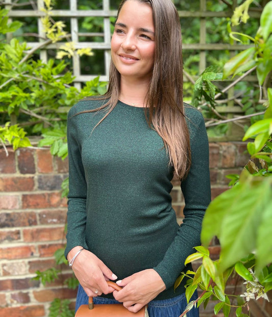 Green Ribbed Sparkly Long Sleeve Top