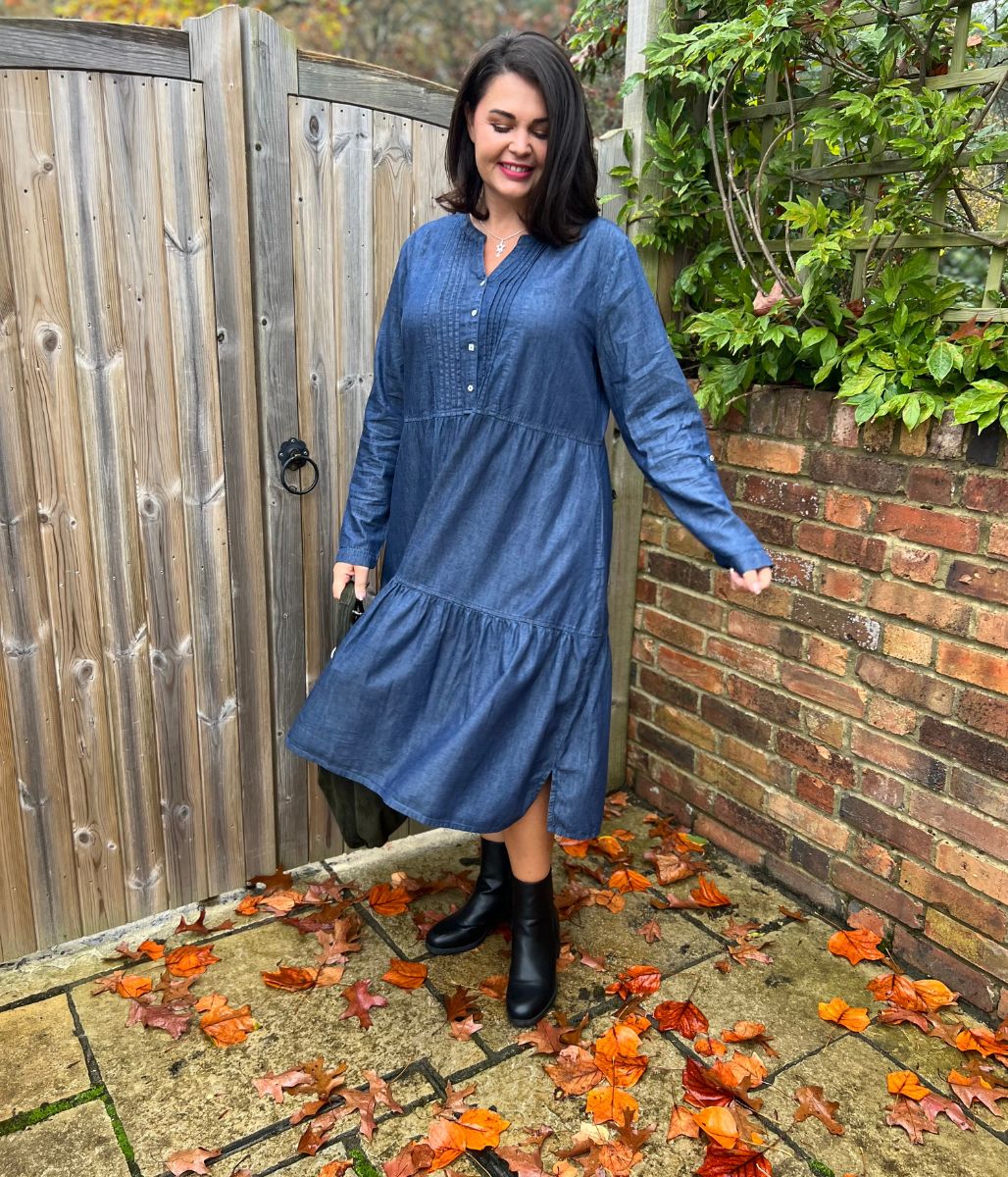 Chambray Tiered Denim Midi Dress