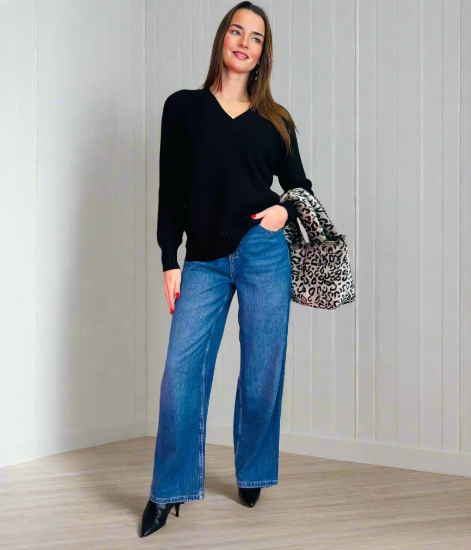 Dark Blue Denim Lyocell Blend Wide Leg Jeans