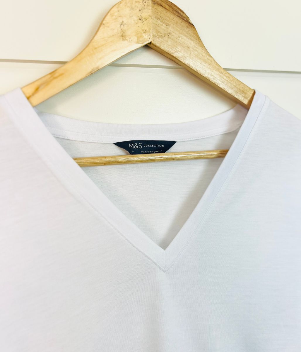 White V Neck Long Sleeve T Shirt