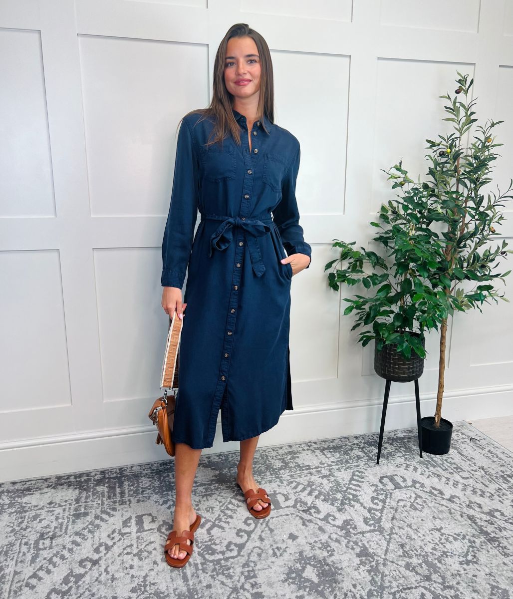 Navy Tencel Belted Midi Shirt Dress