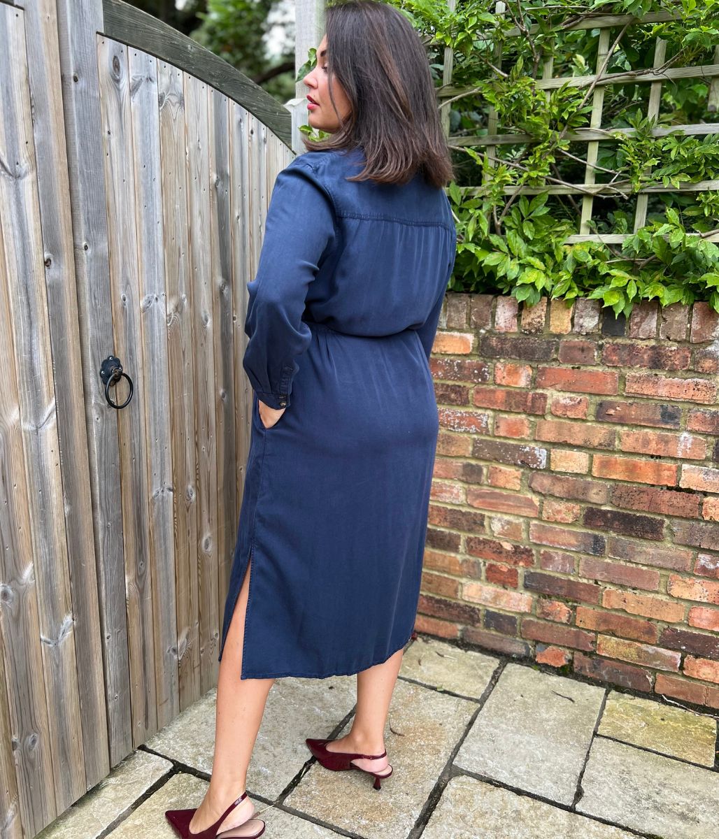 Navy Tencel Belted Midi Shirt Dress