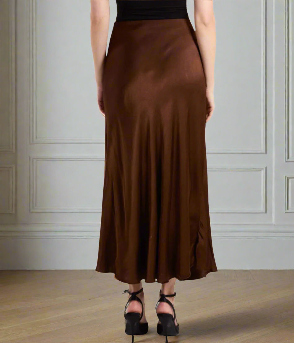 Chocolate Brown Satin Slip Midi Skirt