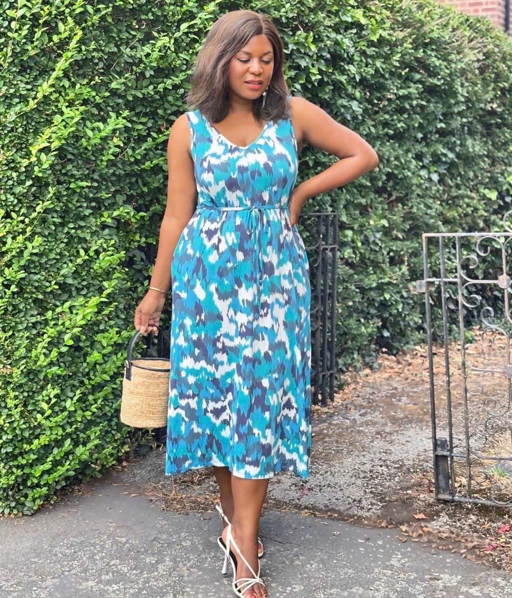 Blue Abstract Sleeveless Jersey Sundress