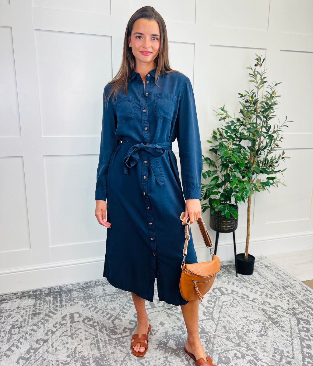 Navy Tencel Belted Midi Shirt Dress
