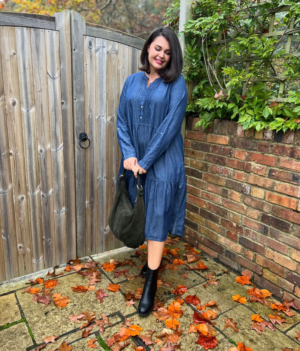 Chambray Tiered Denim Midi Dress