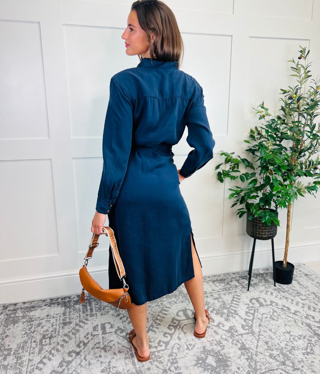 Navy Tencel Belted Midi Shirt Dress