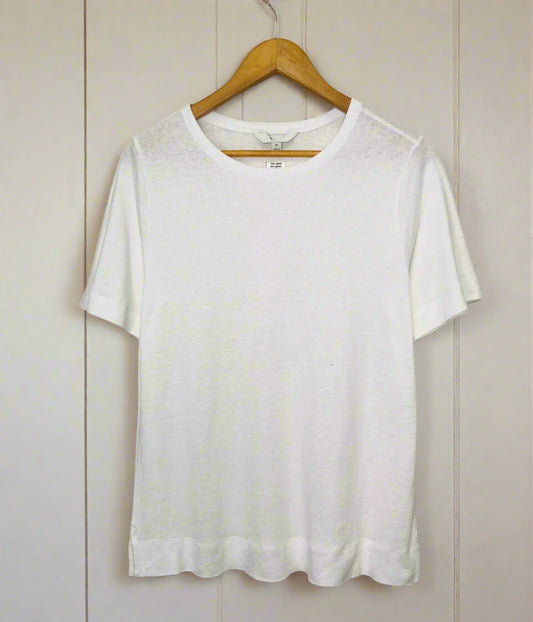 White Linen Blend Crew Neck Top
