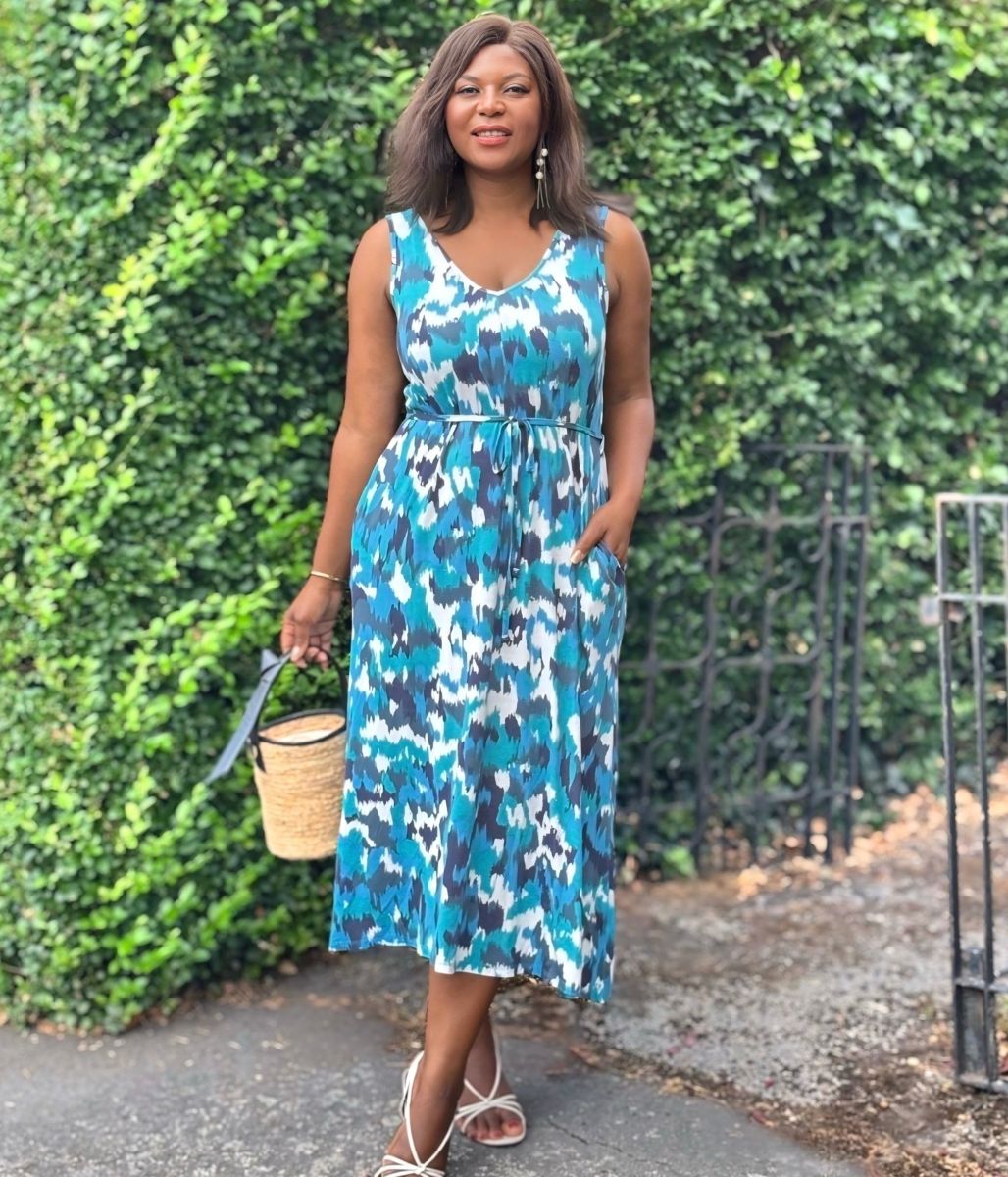 Blue Abstract Sleeveless Jersey Sundress