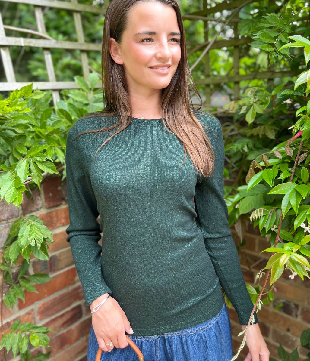 Green Ribbed Sparkly Long Sleeve Top