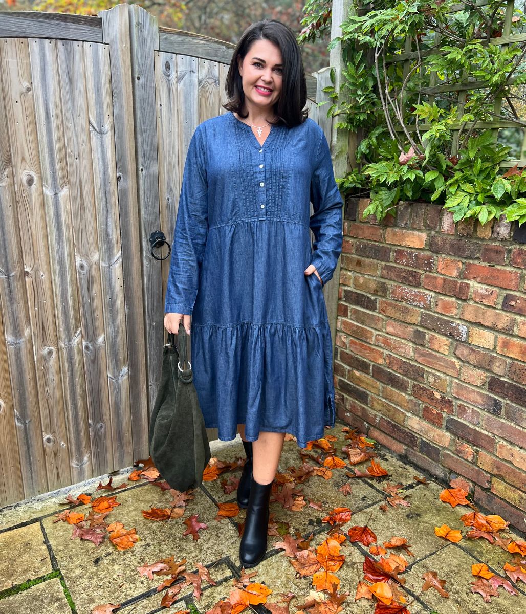 Chambray Tiered Denim Midi Dress