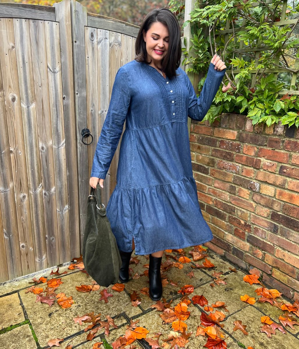 Chambray Tiered Denim Midi Dress