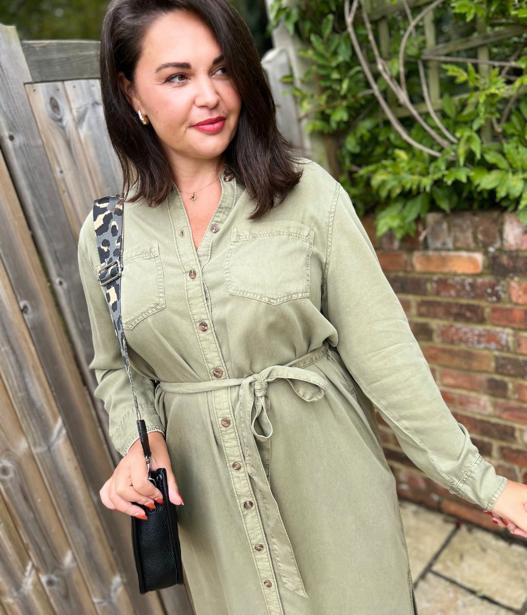 Khaki Tencel Belted Midi Shirt Dress