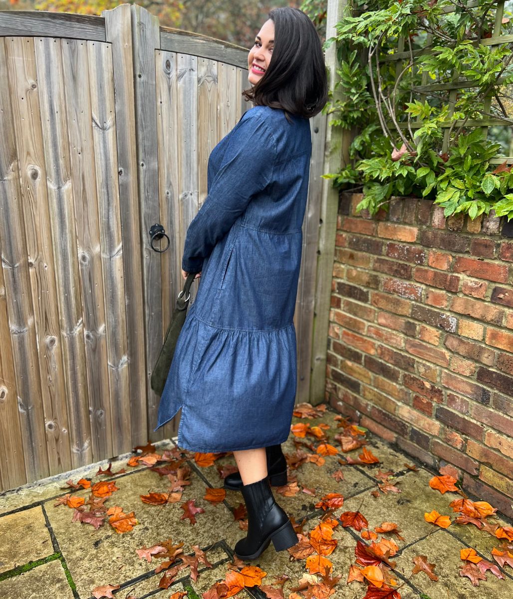 Chambray Tiered Denim Midi Dress