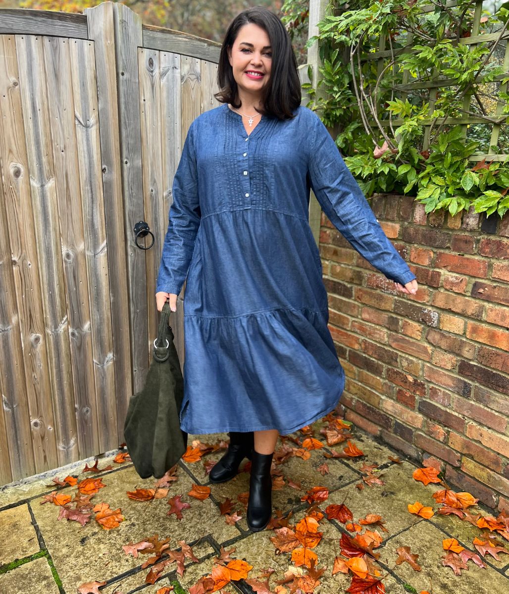 Chambray Tiered Denim Midi Dress