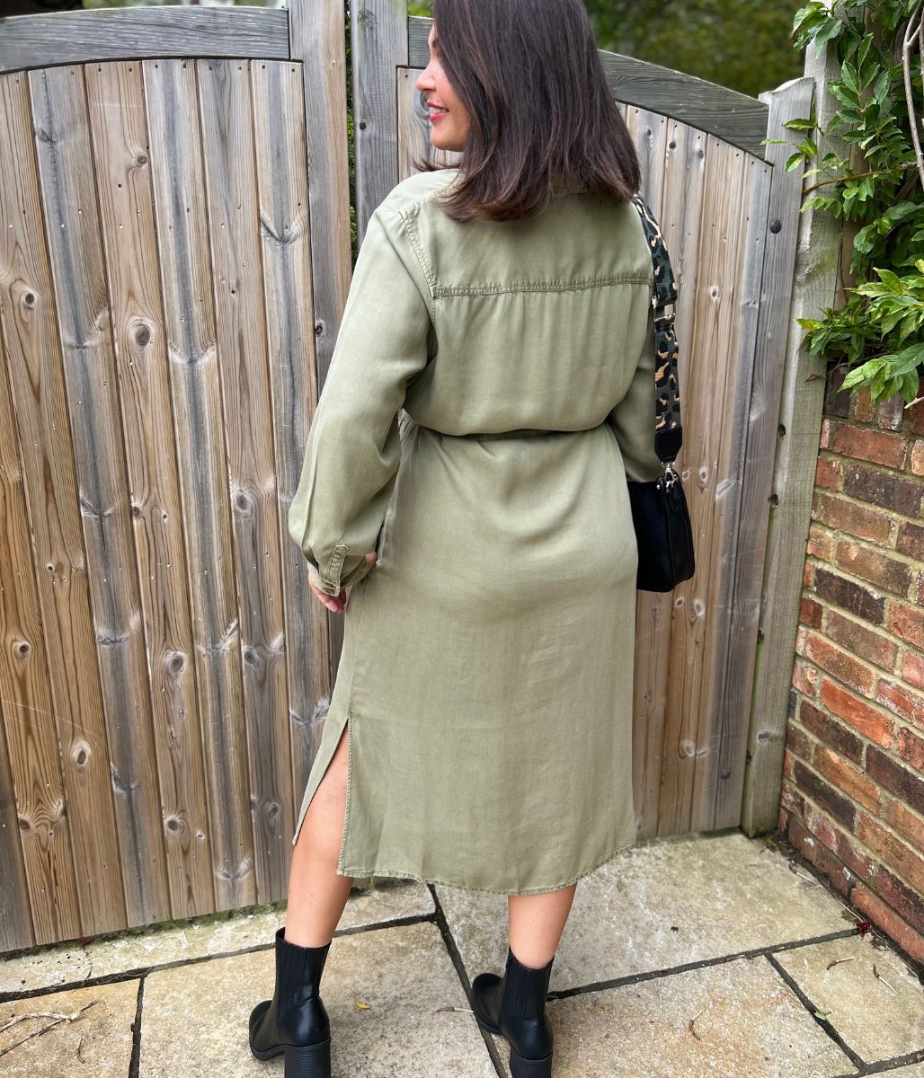 Khaki Tencel Belted Midi Shirt Dress