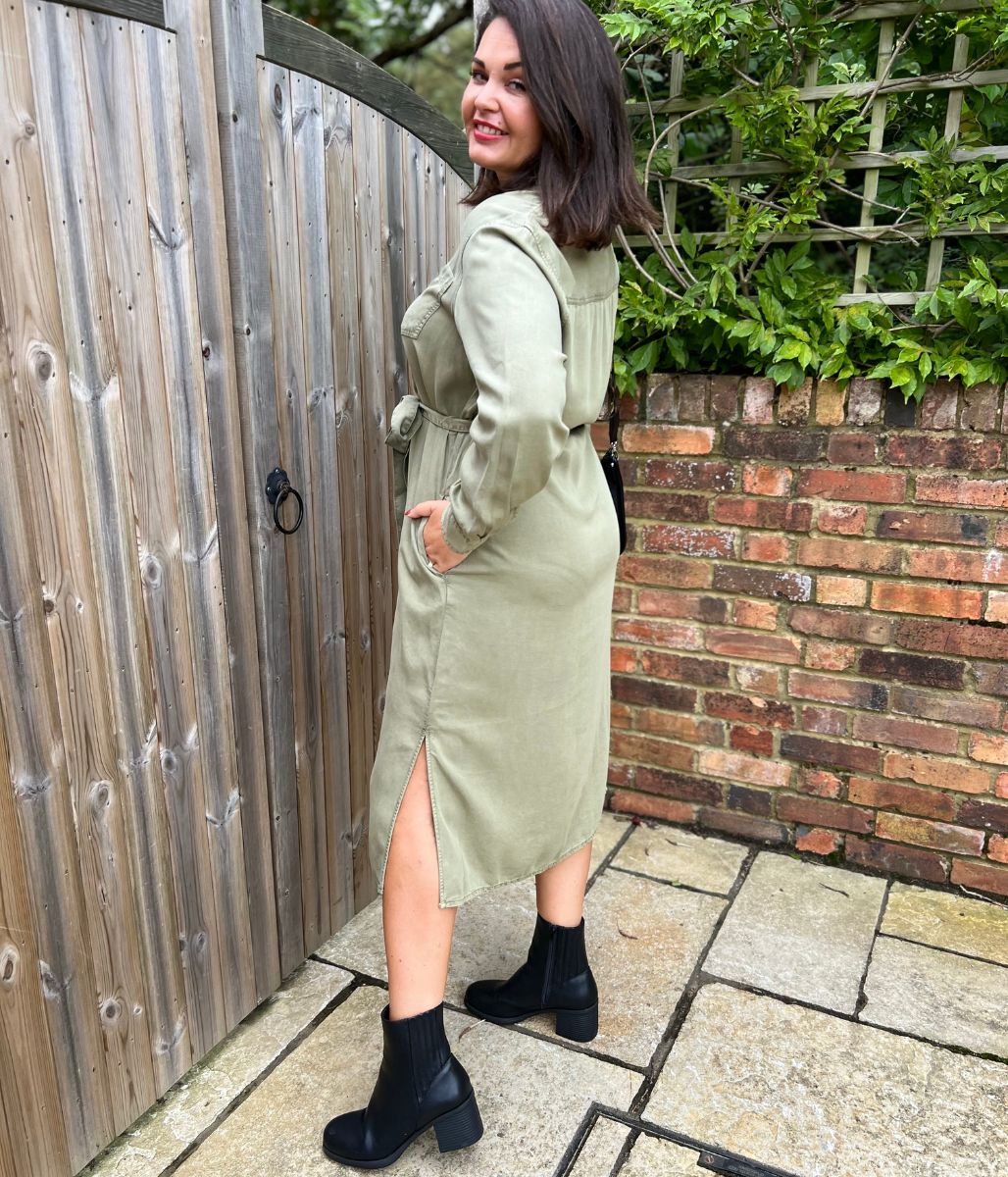 Khaki Tencel Belted Midi Shirt Dress
