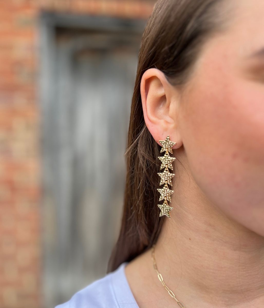 Gold Hammered Stars Drop Earring