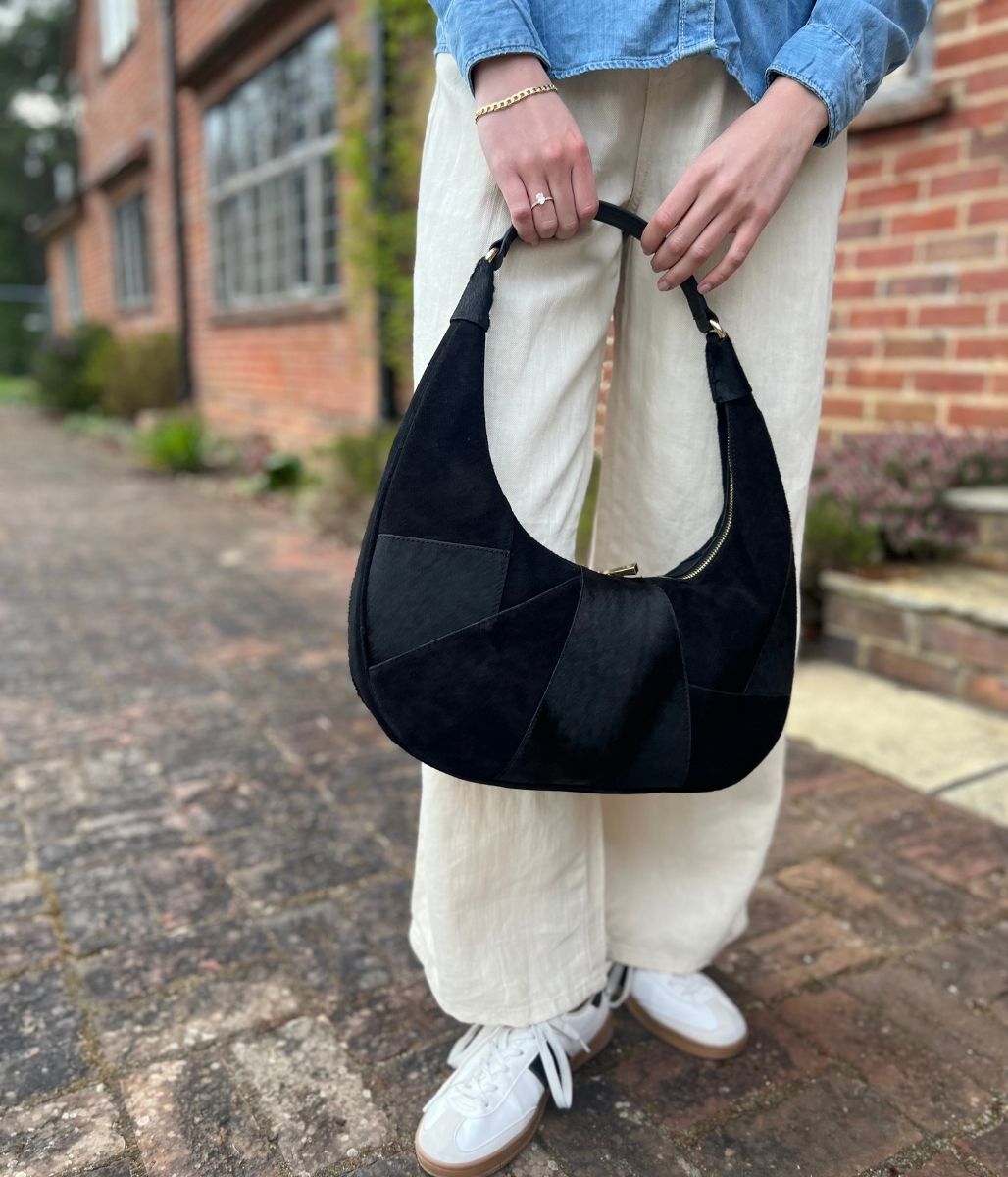 Black Designer Half Moon Suede Bag