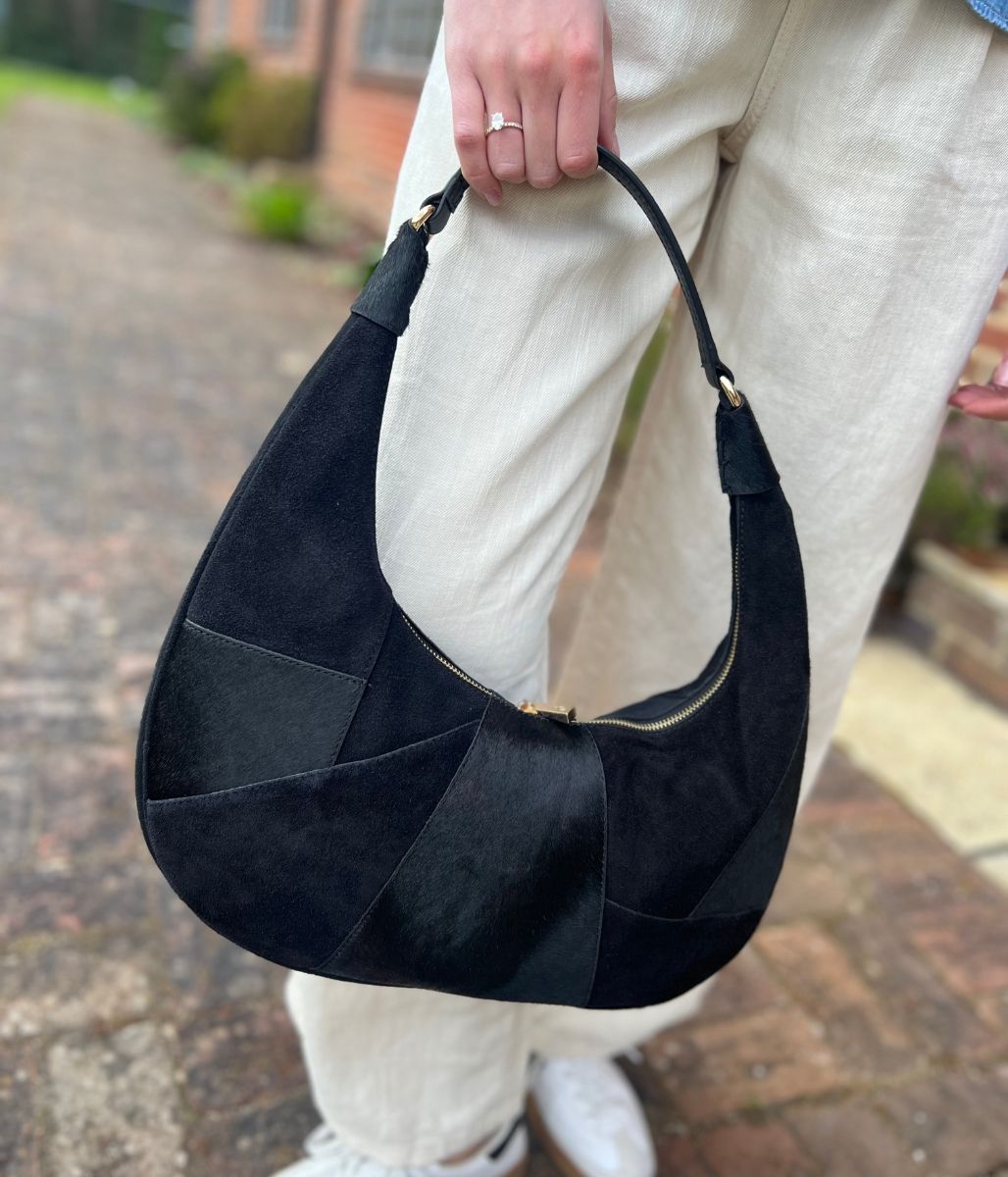 Black Designer Half Moon Suede Bag