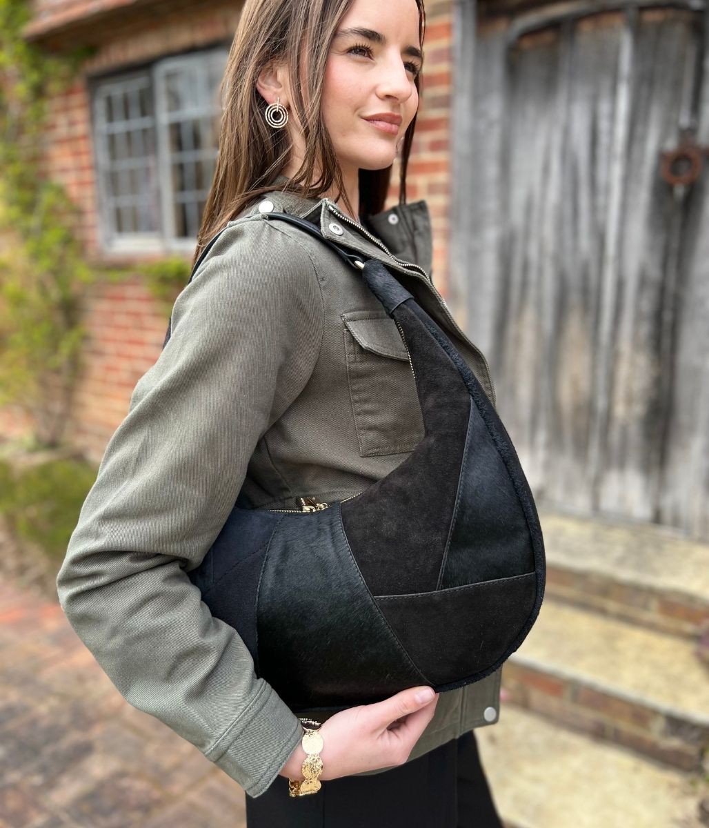 Black Designer Half Moon Suede Bag