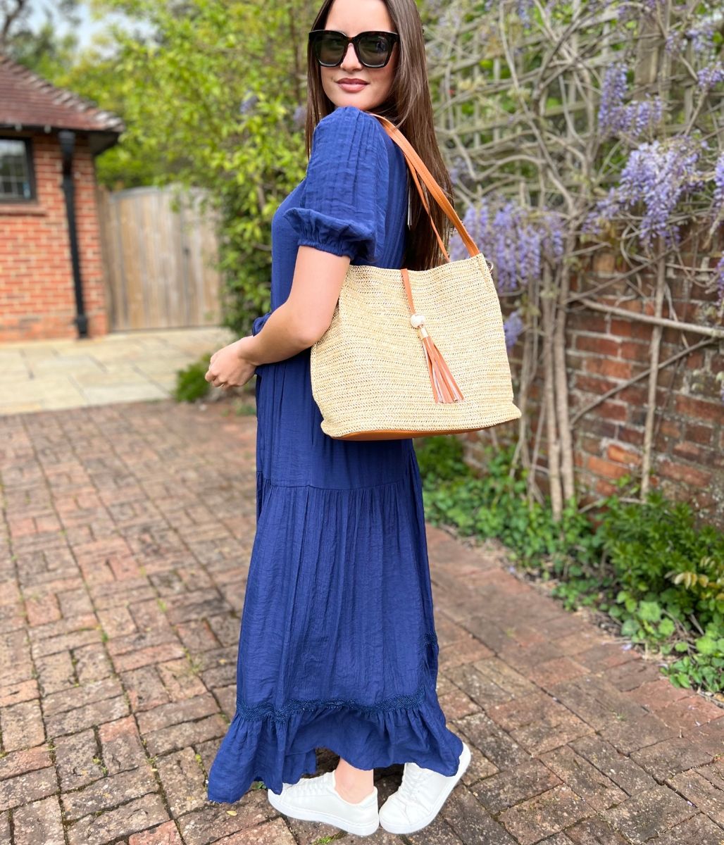 Tan Woven Raffia Tote Bag