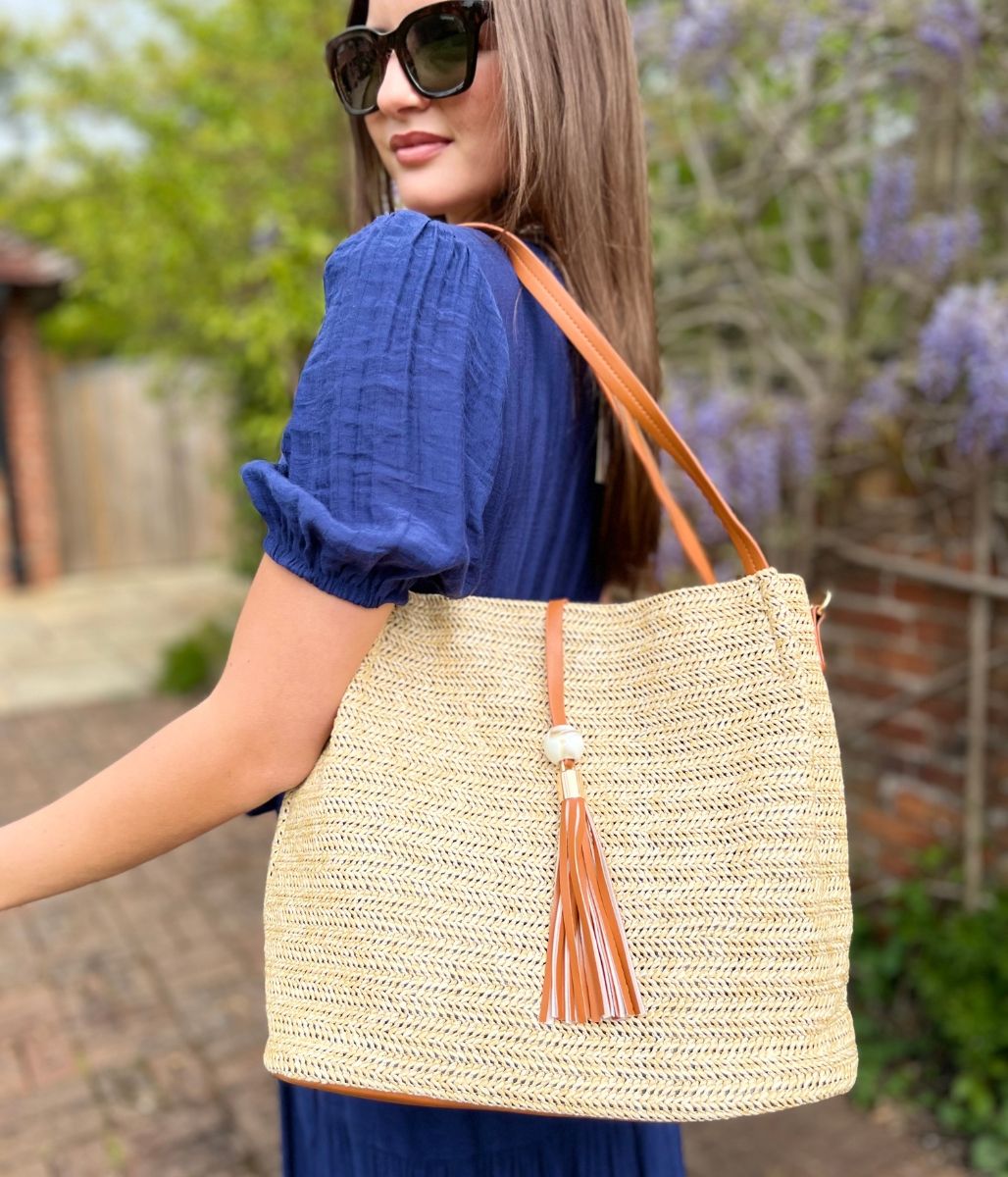 Tan Woven Raffia Tote Bag