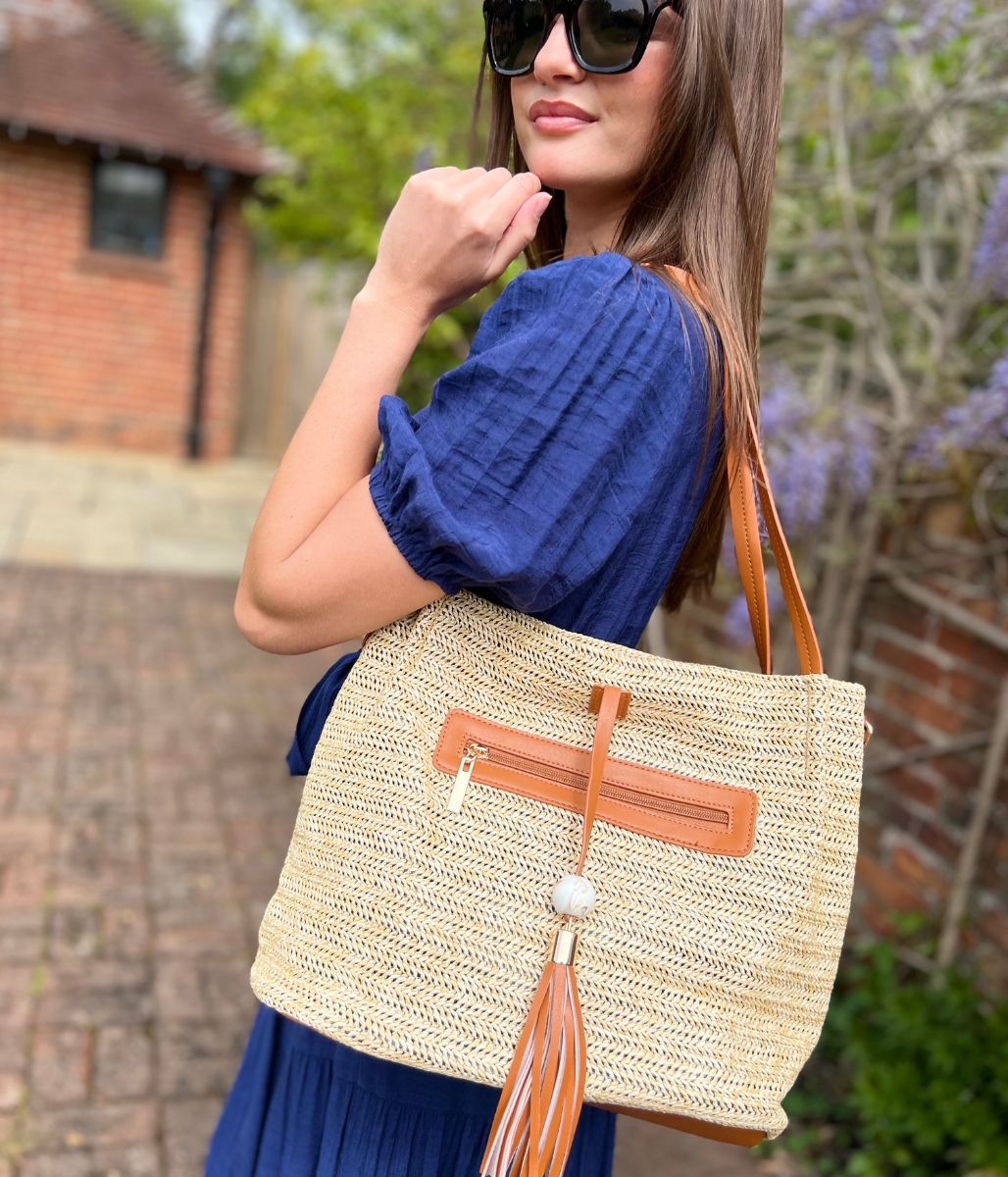 Tan Woven Raffia Tote Bag