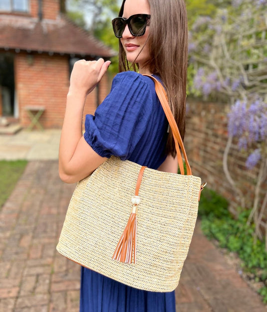 Tan Woven Raffia Tote Bag