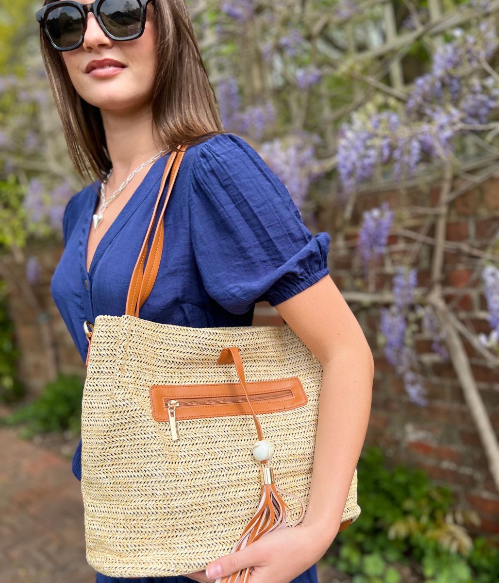 Tan Woven Raffia Tote Bag