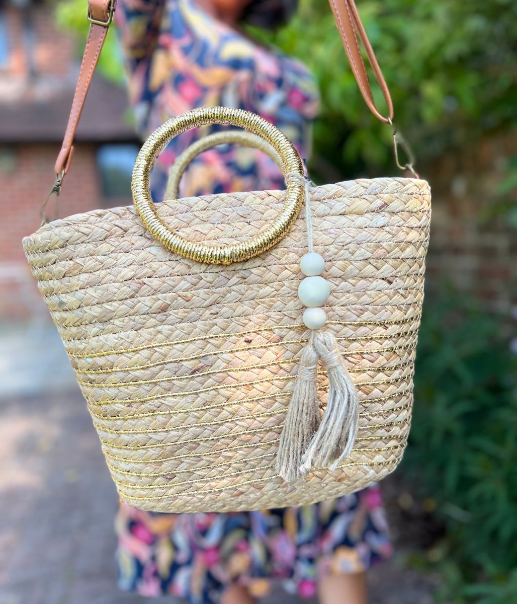 Gold Weave Raffia Bucket Bag