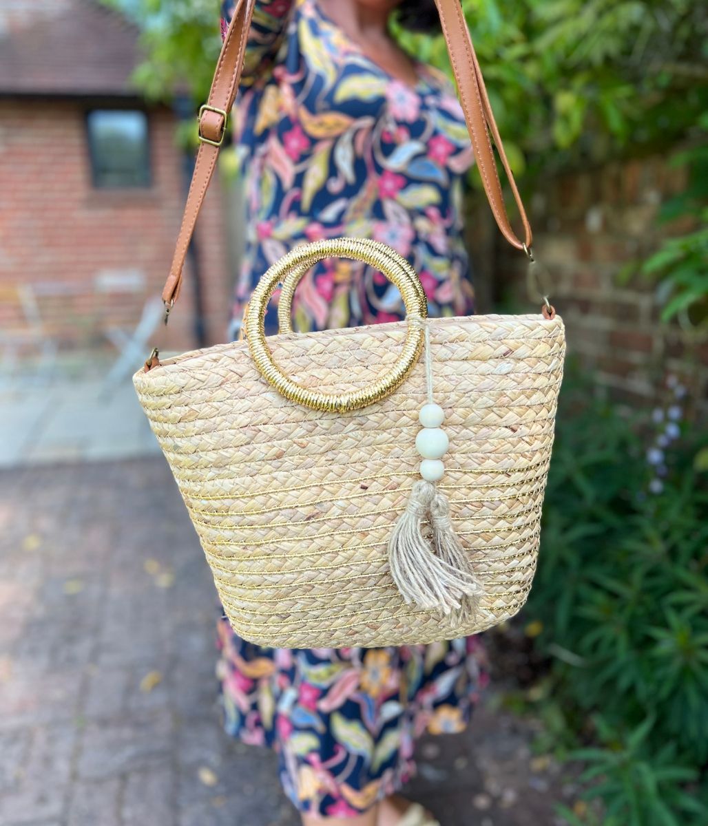 Gold Weave Raffia Bucket Bag