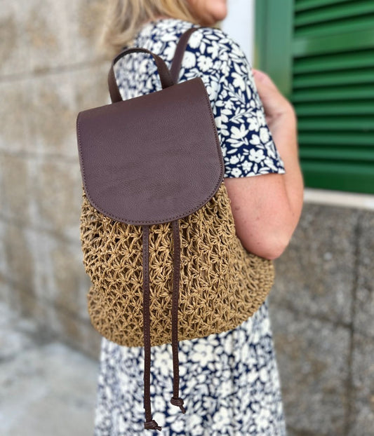 Brown Mila Raffia Backpack