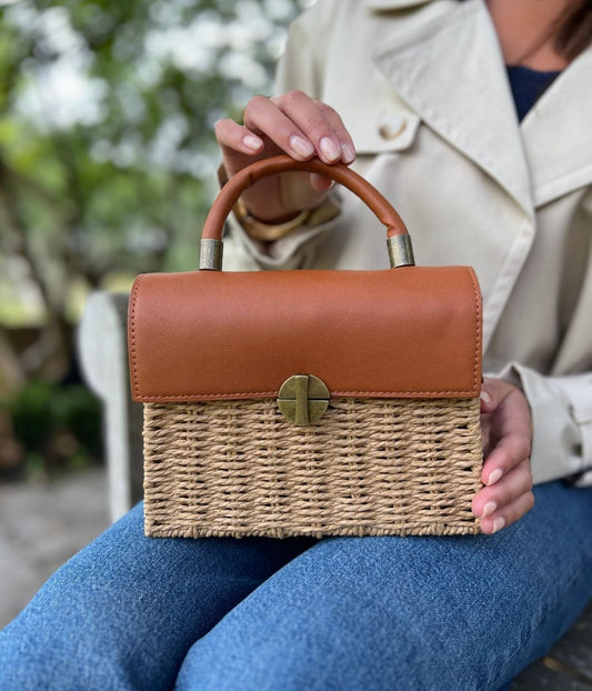 Brown Basket Weave Raffia Box Bag