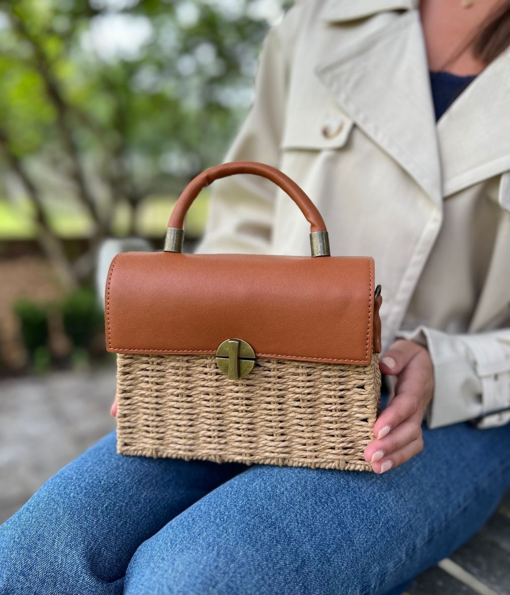 Brown Basket Weave Raffia Box Bag