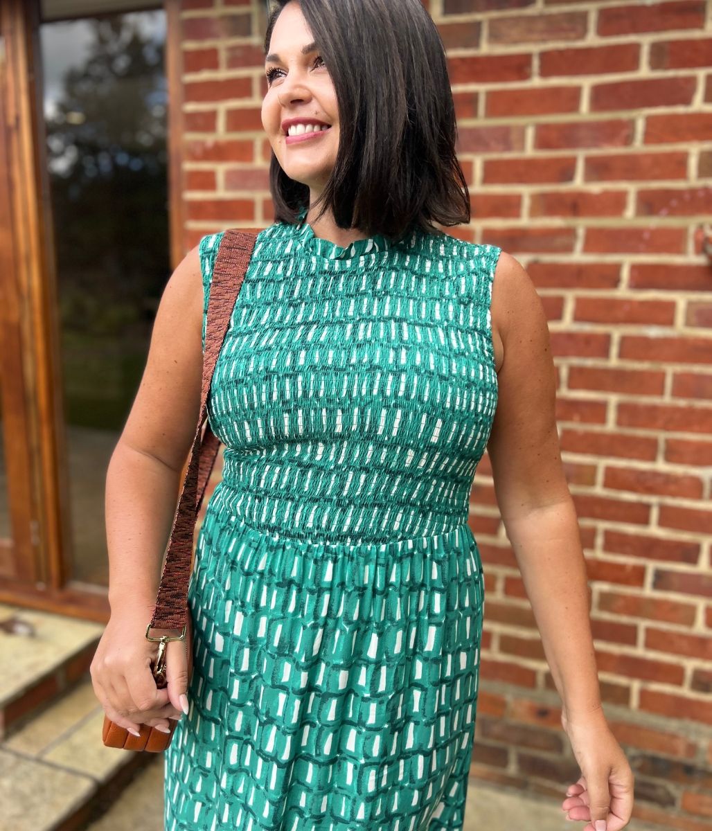 Green Heidi Shirred Bodice Midi Dress