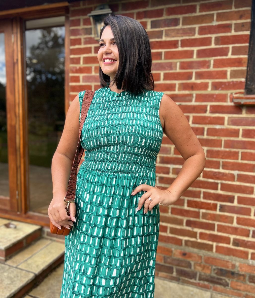 Green Heidi Shirred Bodice Midi Dress