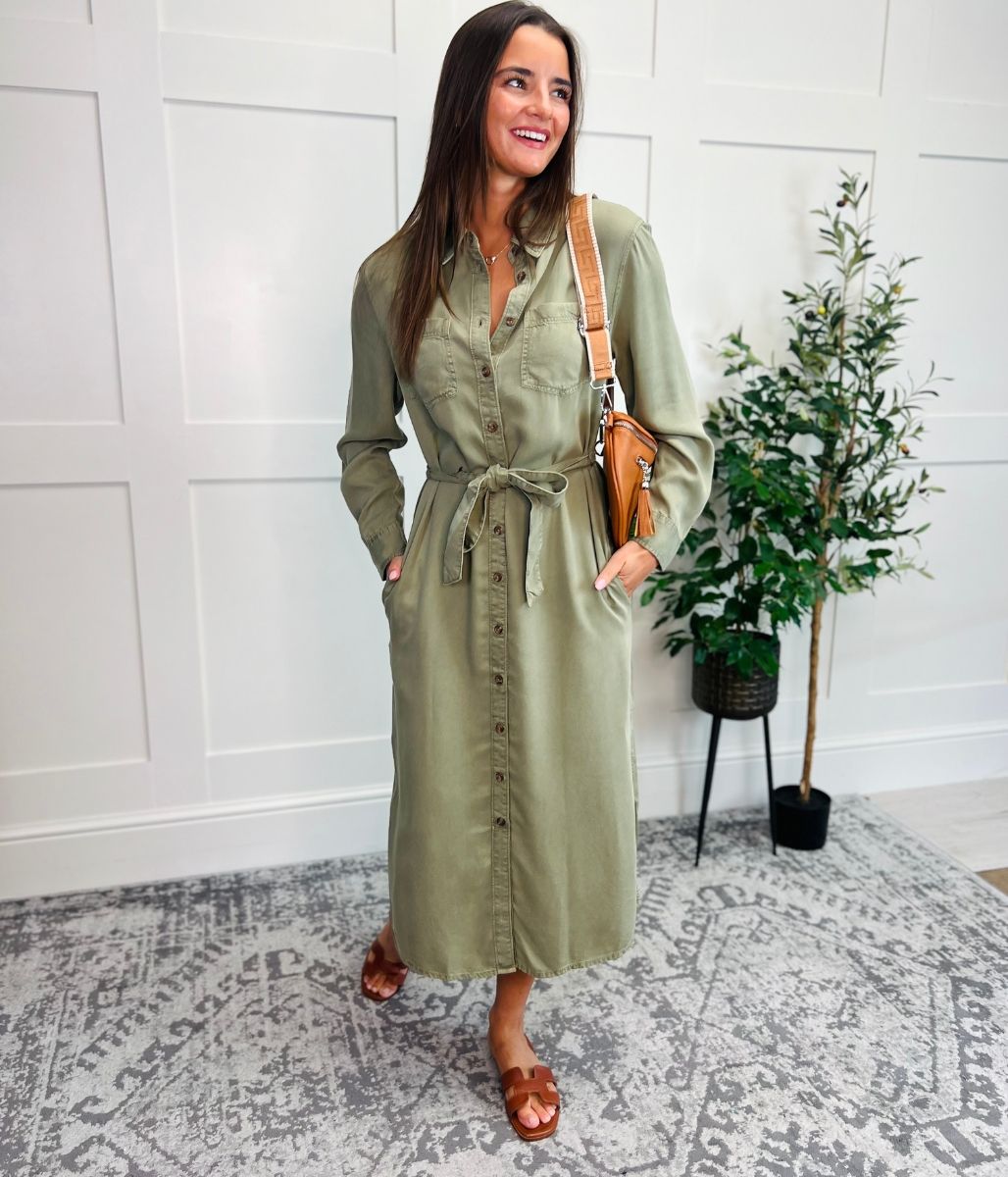 Khaki Tencel Belted Midi Shirt Dress