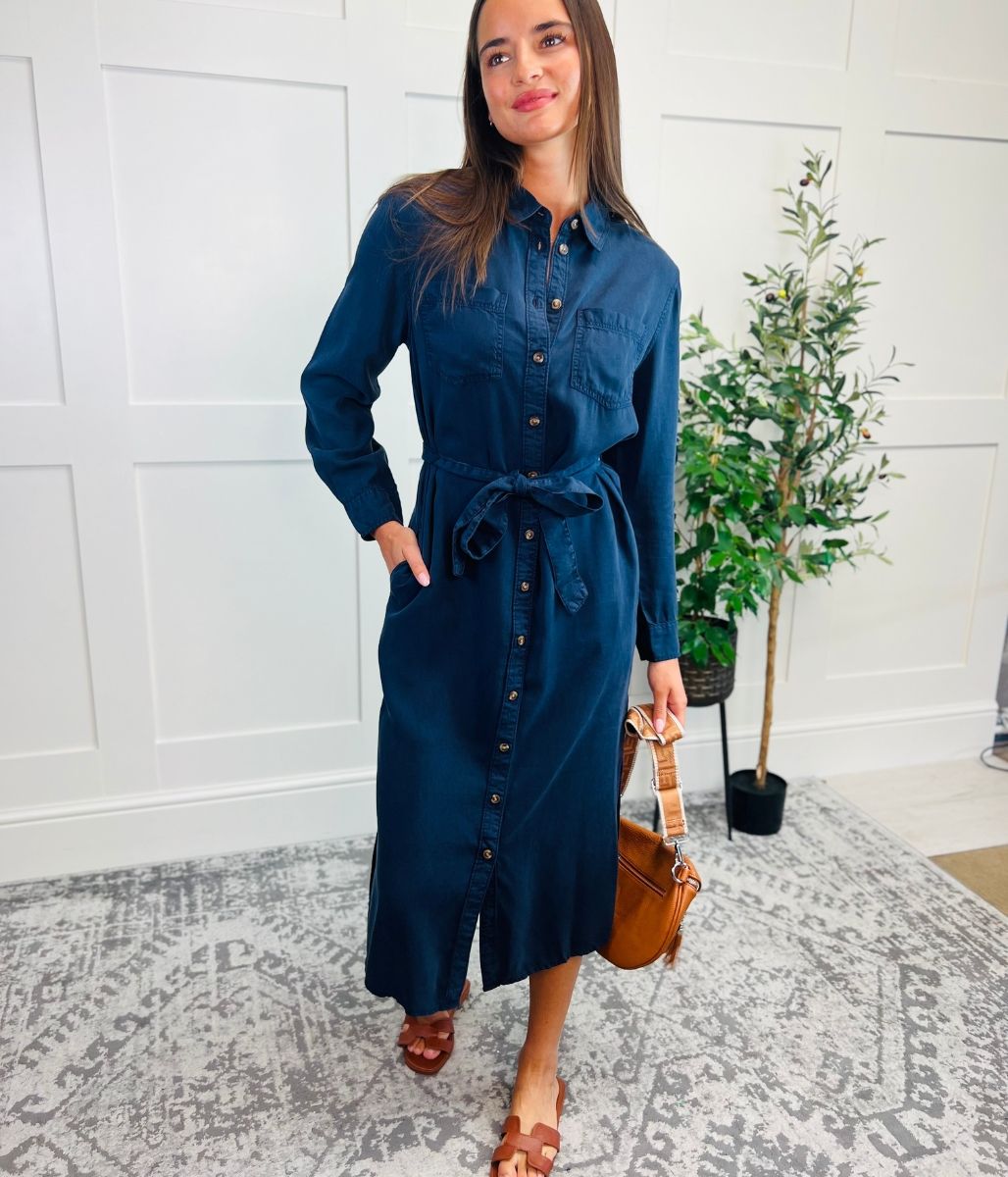 Navy Tencel Belted Midi Shirt Dress