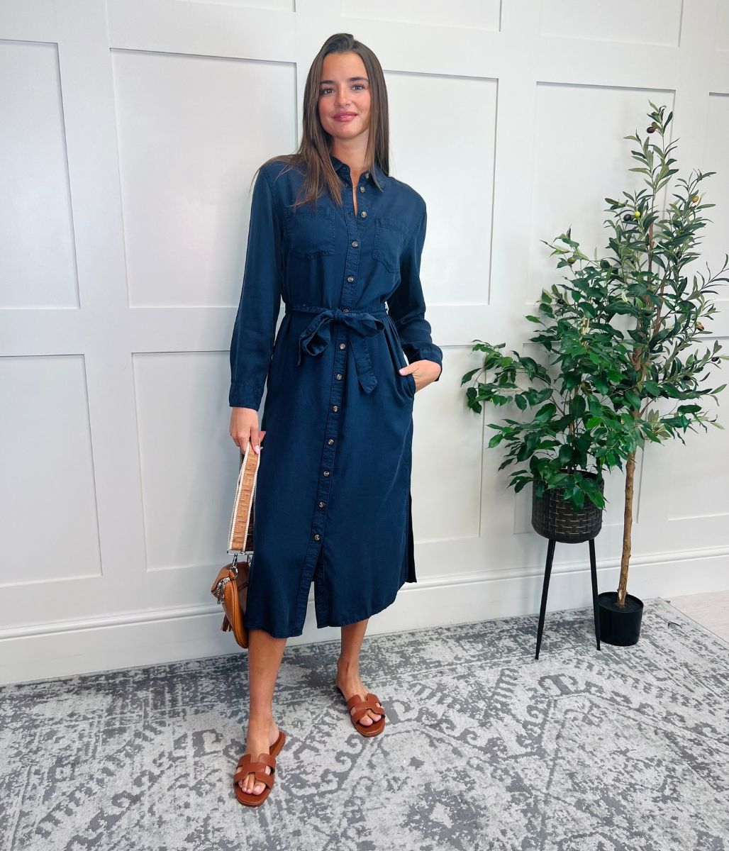 Navy Tencel Belted Midi Shirt Dress