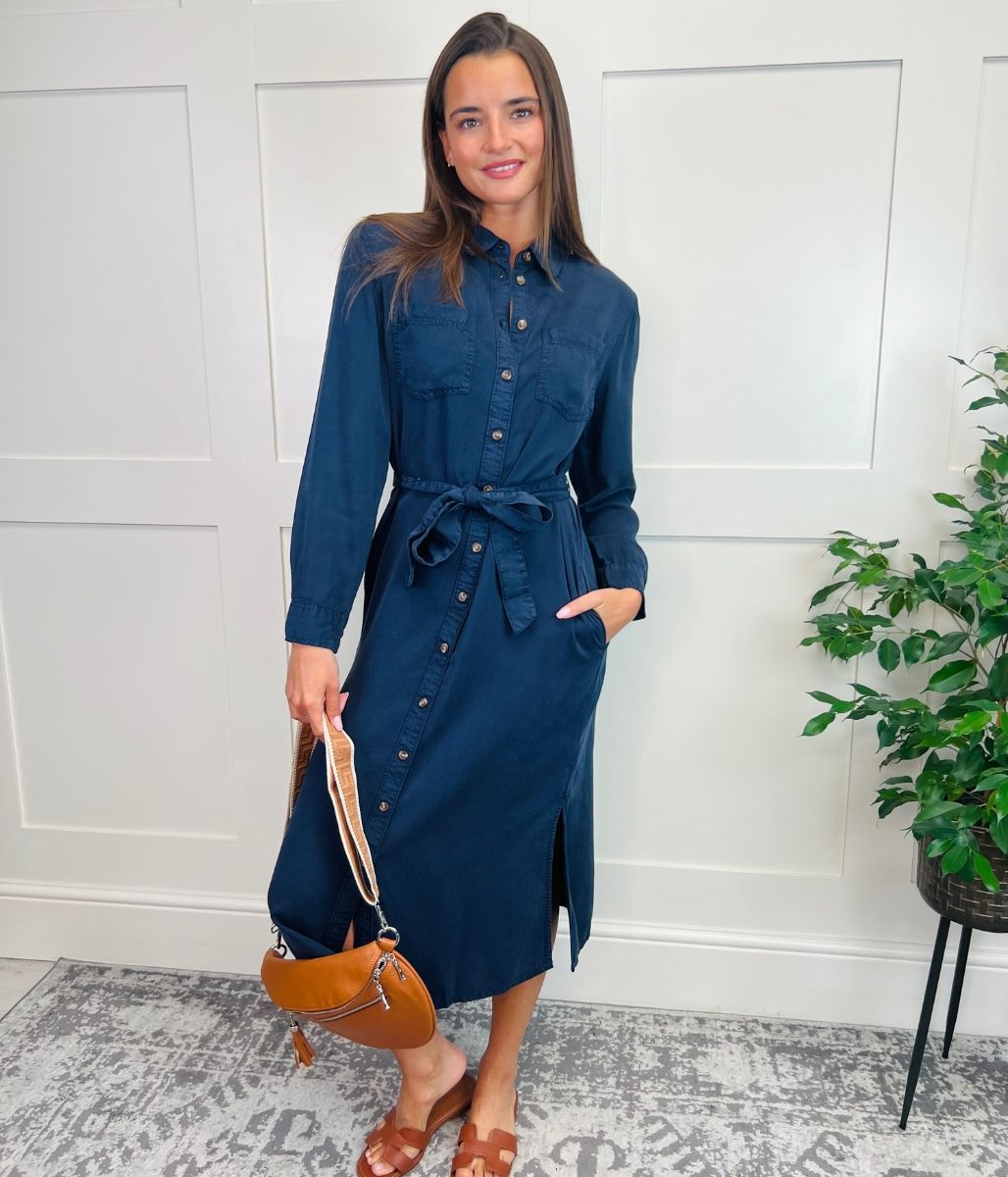 Navy Tencel Belted Midi Shirt Dress