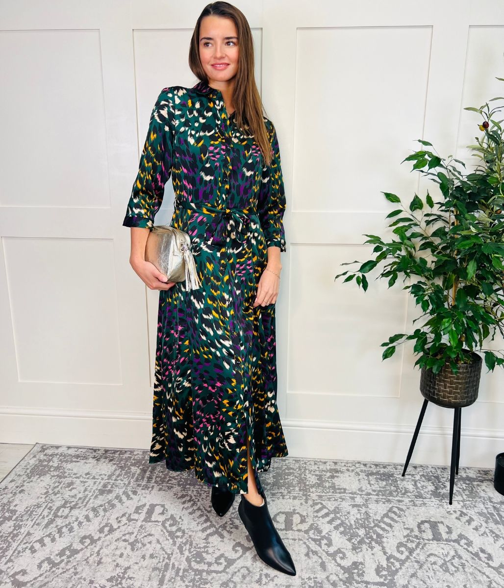 Green Ava Peacock Print Satin Shirt Dress