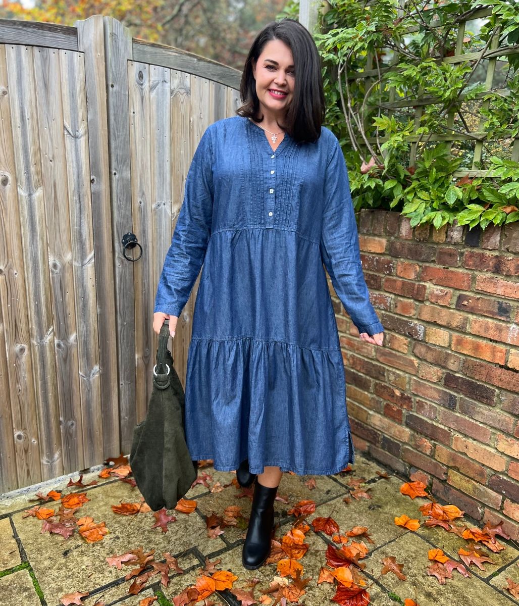 Chambray Tiered Denim Midi Dress
