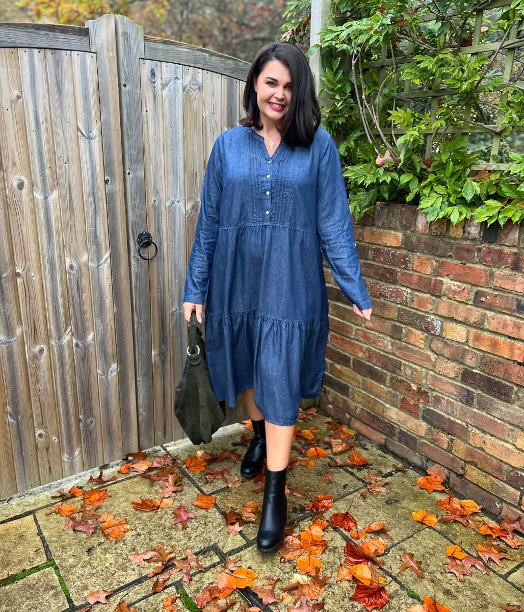 Chambray Tiered Denim Midi Dress