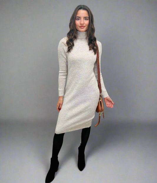 Oatmeal Ribbed Knitted Funnel Neck Dress