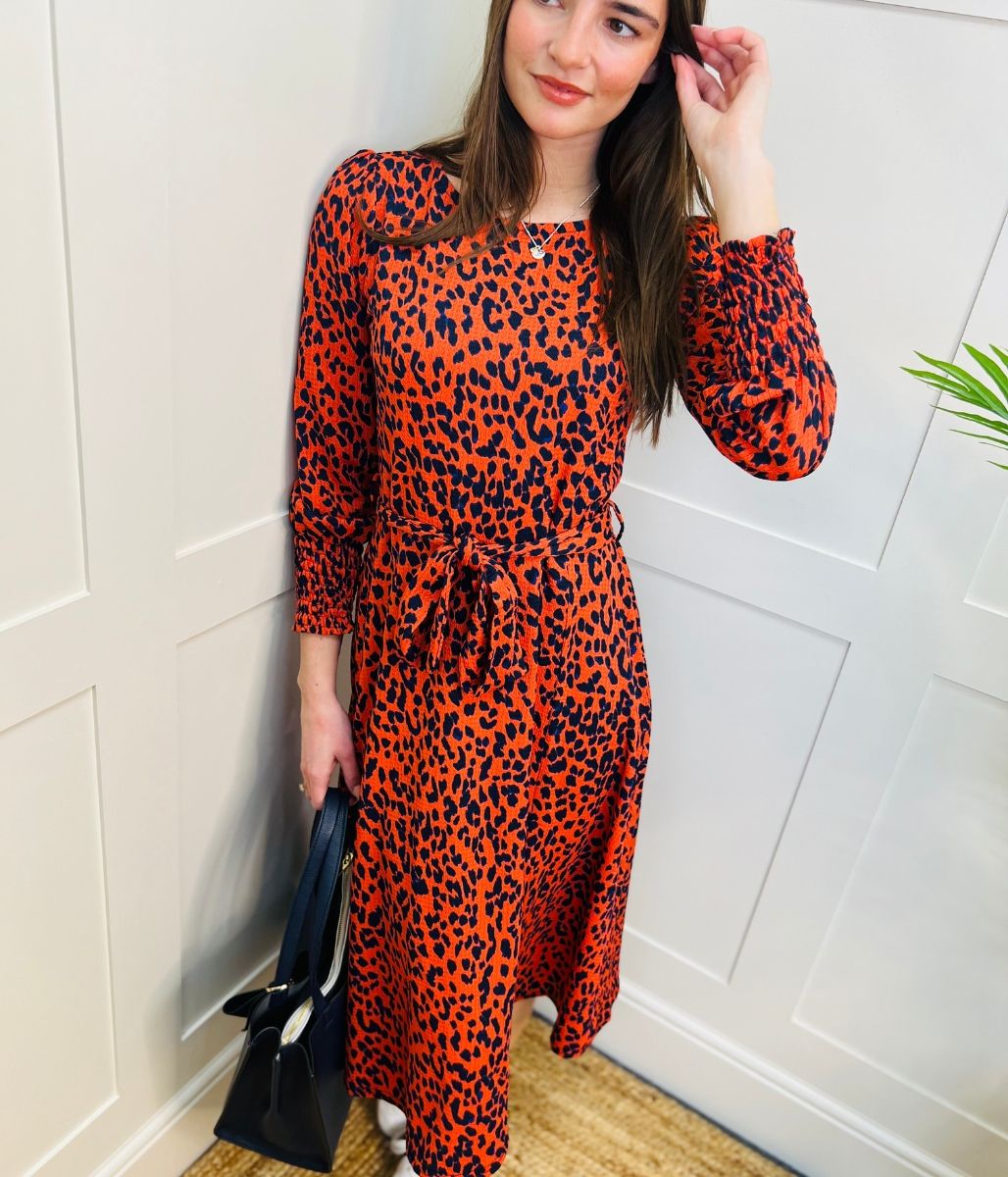 Orange & Navy Leopard Print Dress