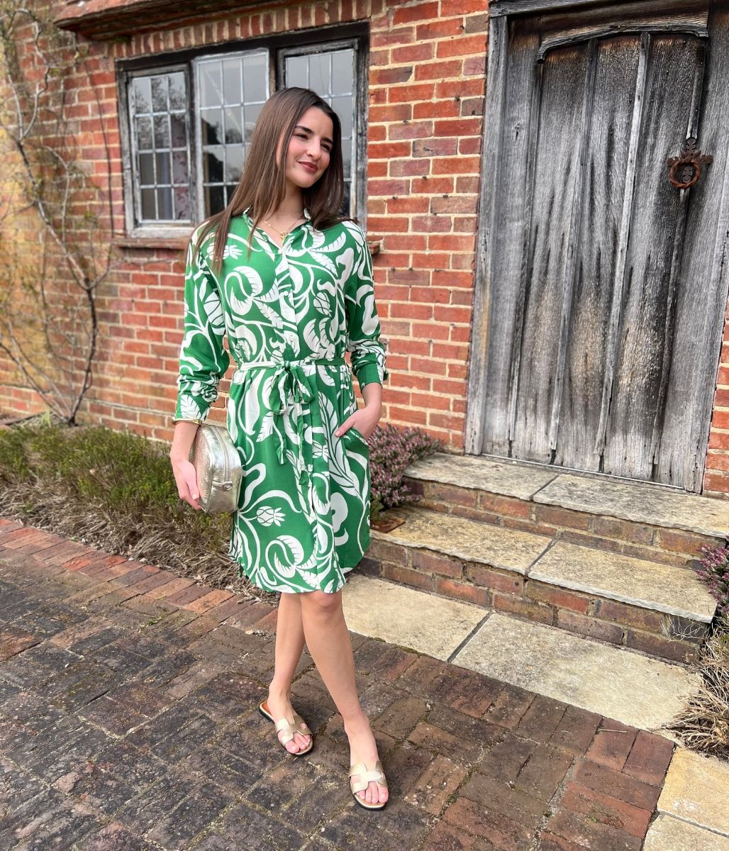 Green Botanical Long Sleeve Shirt Dress